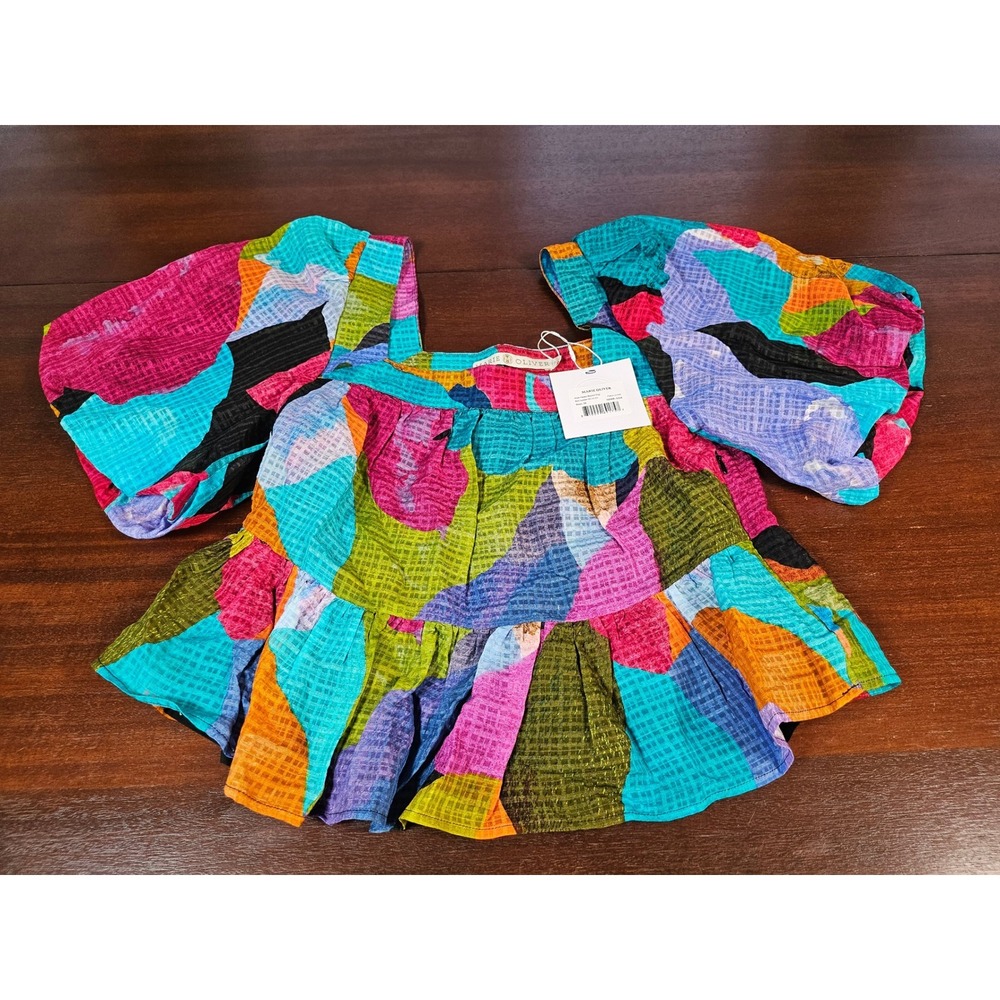 Marie Oliver Kaylee Top Jewel Multi Color Silk Linen Puff Sleeve Blouse - Picture 5 of 11